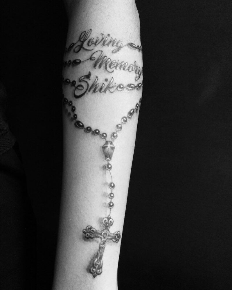 Rosary Beads Tattoo On A Arm With Cross As A Memorial Piece inside size 799 X 999