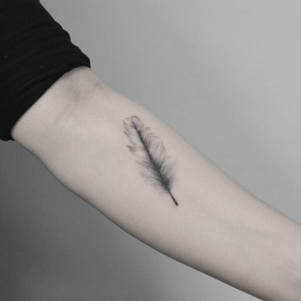 Single Needle Feather Tattoo On The Left Inner Forearm Fine Line inside measurements 1000 X 1000