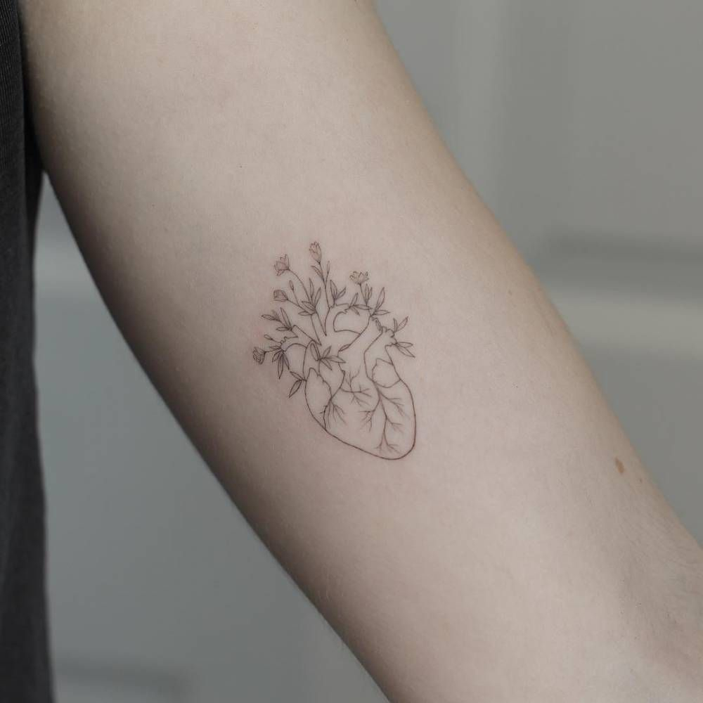 Single Needle Flower Heart Tattoo On The Left Inner Arm T in size 1000 X 1000