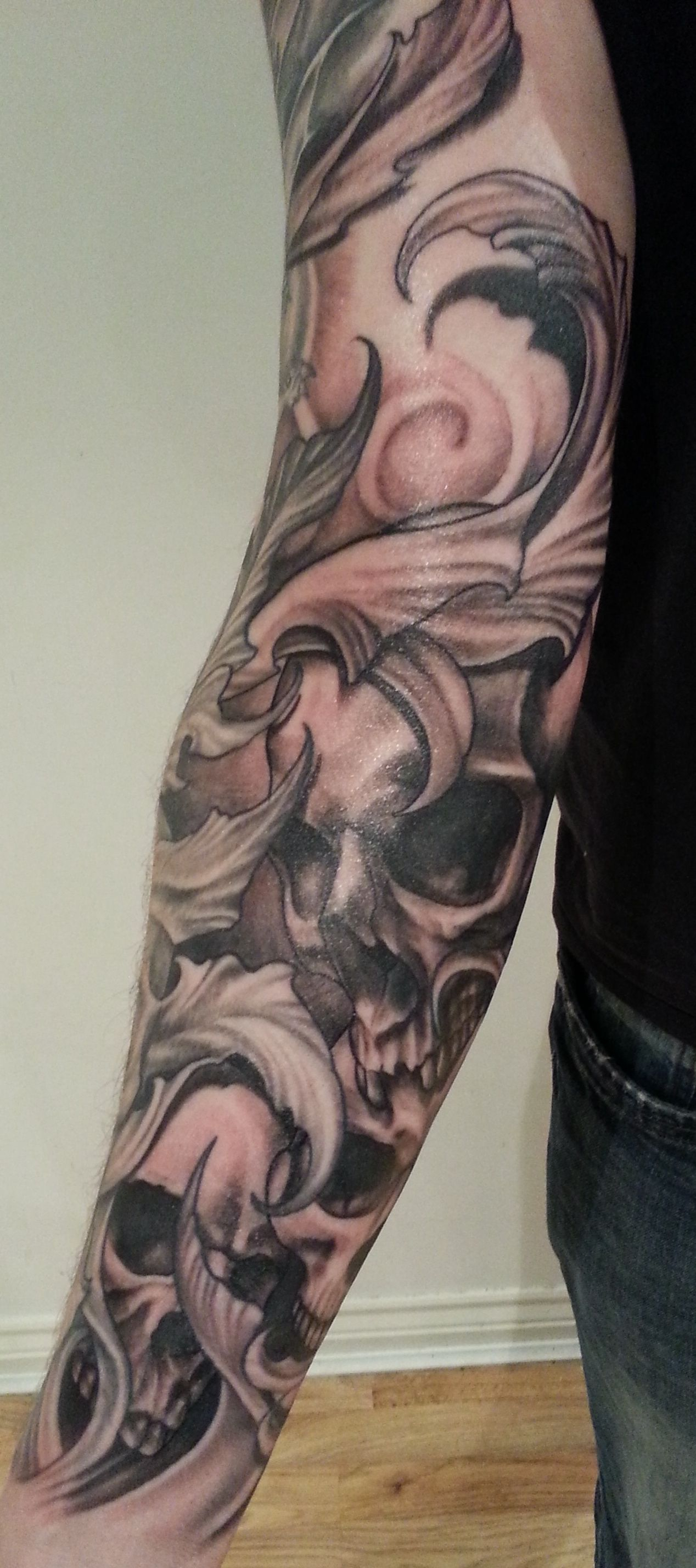 Skull Sleeve Just Finished Today Black And Grey Realistic Skulls intended for proportions 1268 X 2856