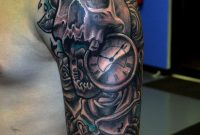 Skull With Pocket Watch Tattoo On Man Left Half Sleeve Skull And with dimensions 1271 X 1600