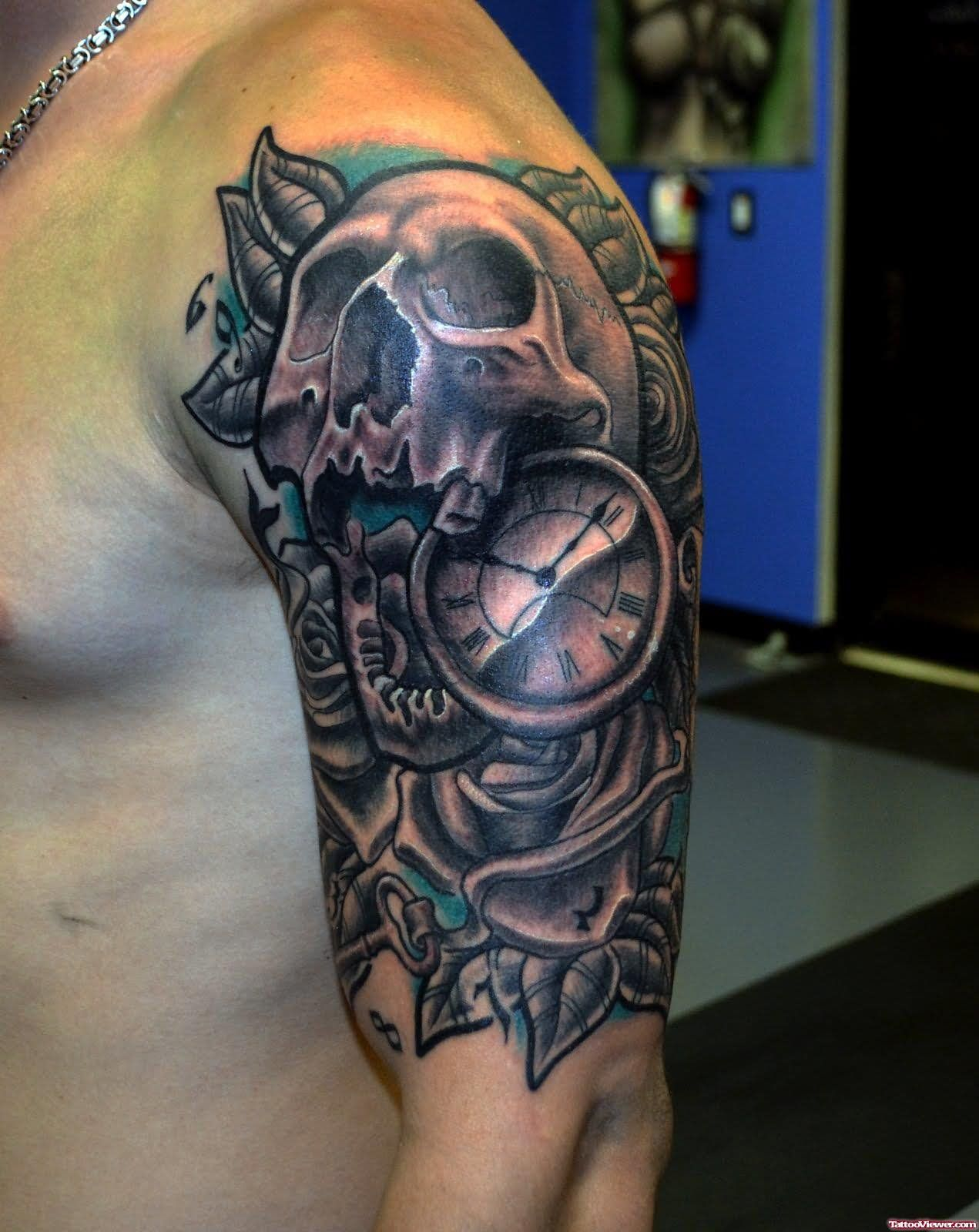 Skull With Pocket Watch Tattoo On Man Left Half Sleeve Skull And with dimensions 1271 X 1600