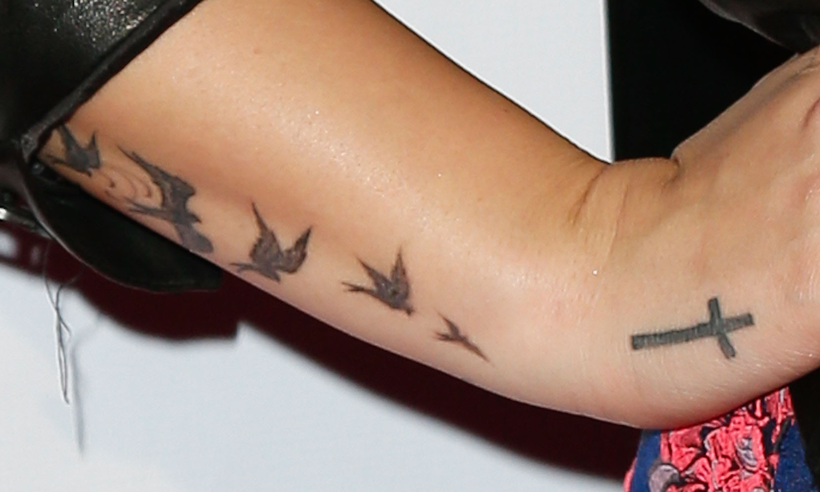 Small Cross And Flying Birds Tattoo On Arm in size 1654 X 993
