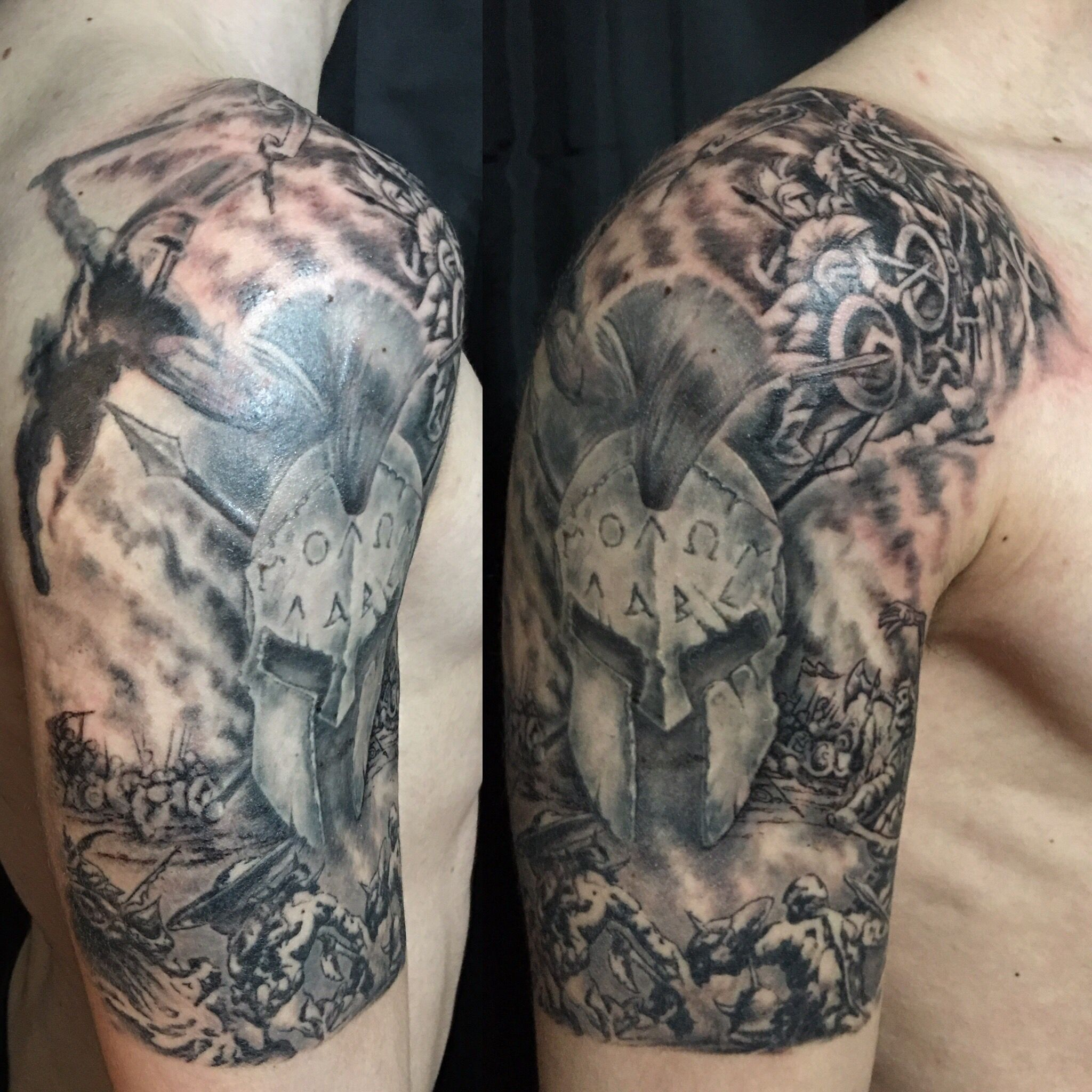Spartan Warrior Black And Grey Half Sleeve Tattoo Tattoo inside proportions 2048 X 2048