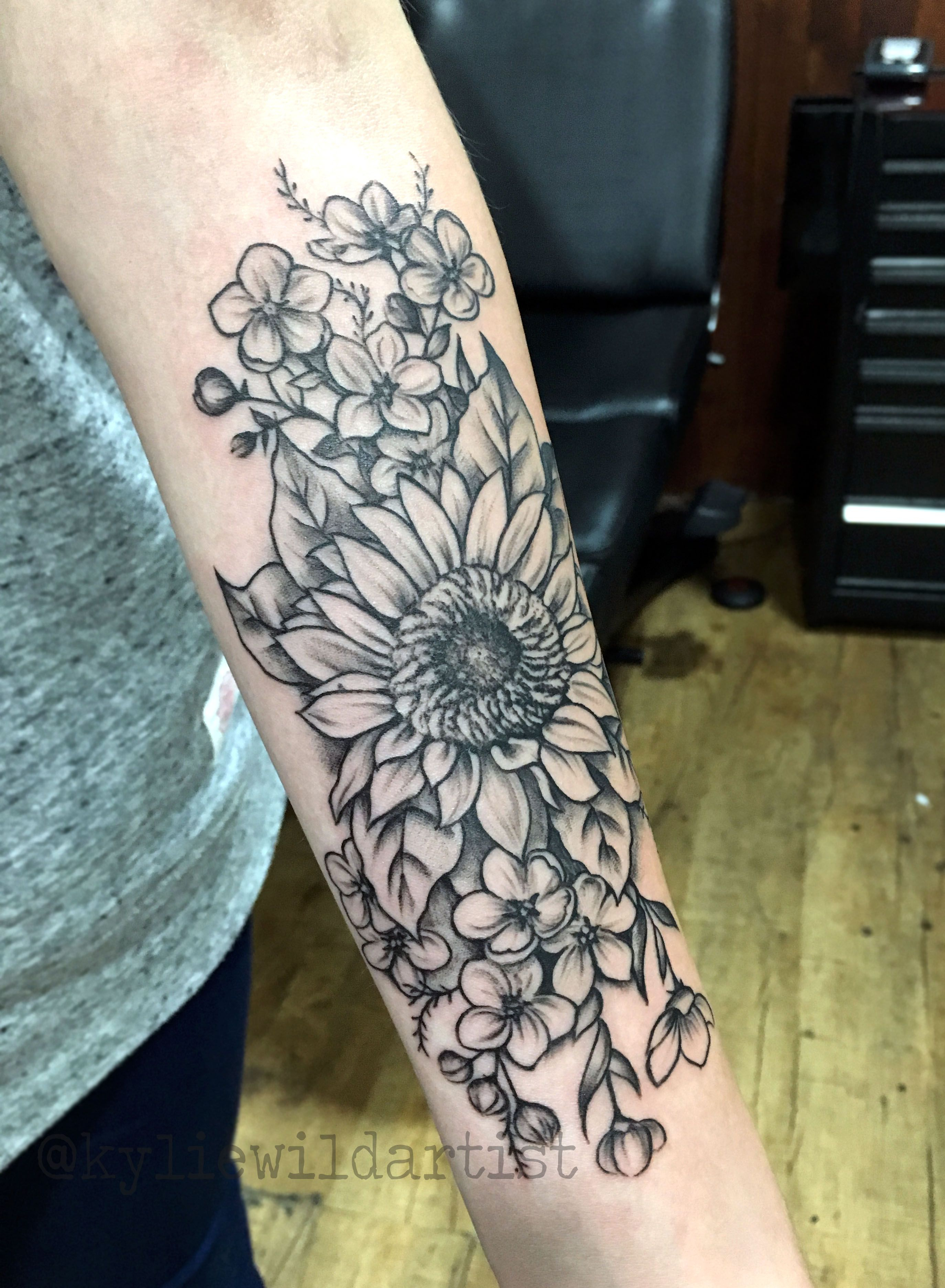 Sunflower And Cherry Blossoms Forearm Tattoo Kylie Wild Heslop throughout dimensions 2748 X 3744