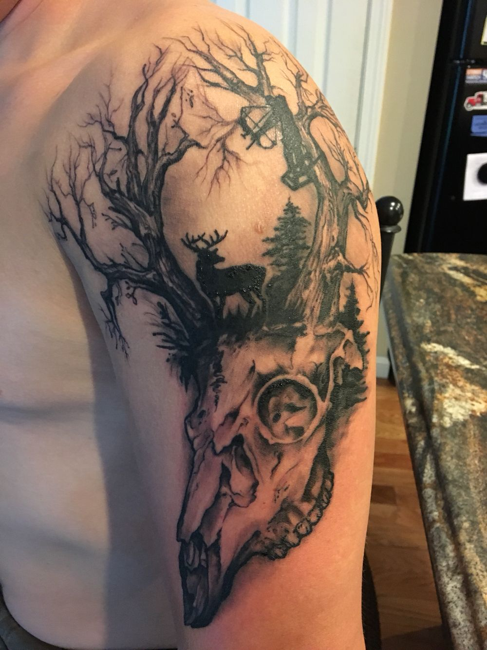 Tattoo Deer Skull Hunting Bow And Arrow Trees Tattoos regarding proportions 1000 X 1334