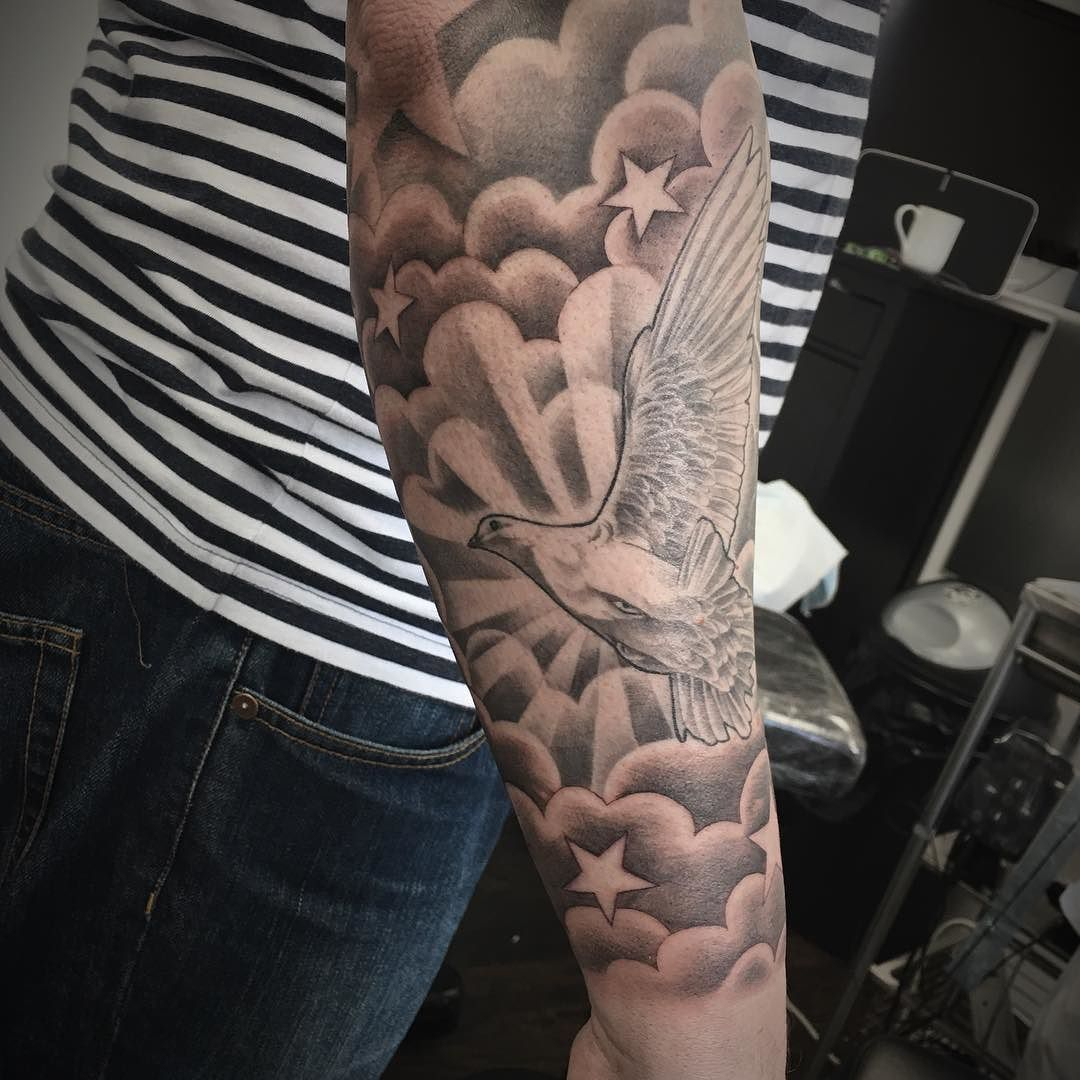 Tattoo Sleeve Finished With Clouds And Stars Healed Dove And inside dimensions 1080 X 1080
