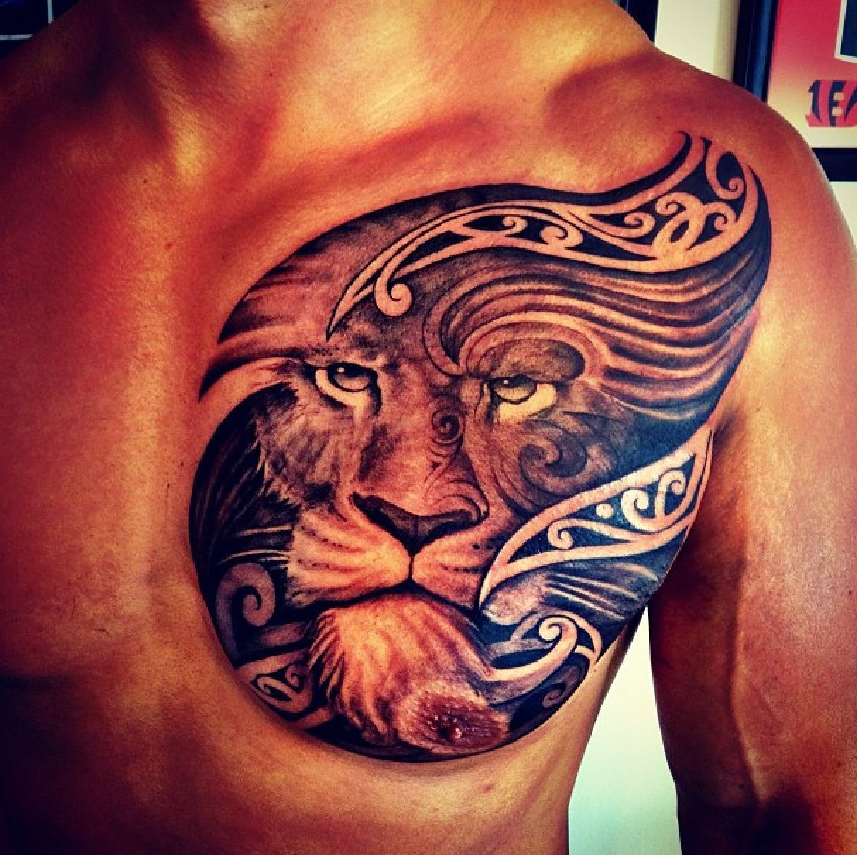 Tattoo With Lion Design 24 Stunning Lion Tattoo On Chest Tattoos regarding proportions 1214 X 1212