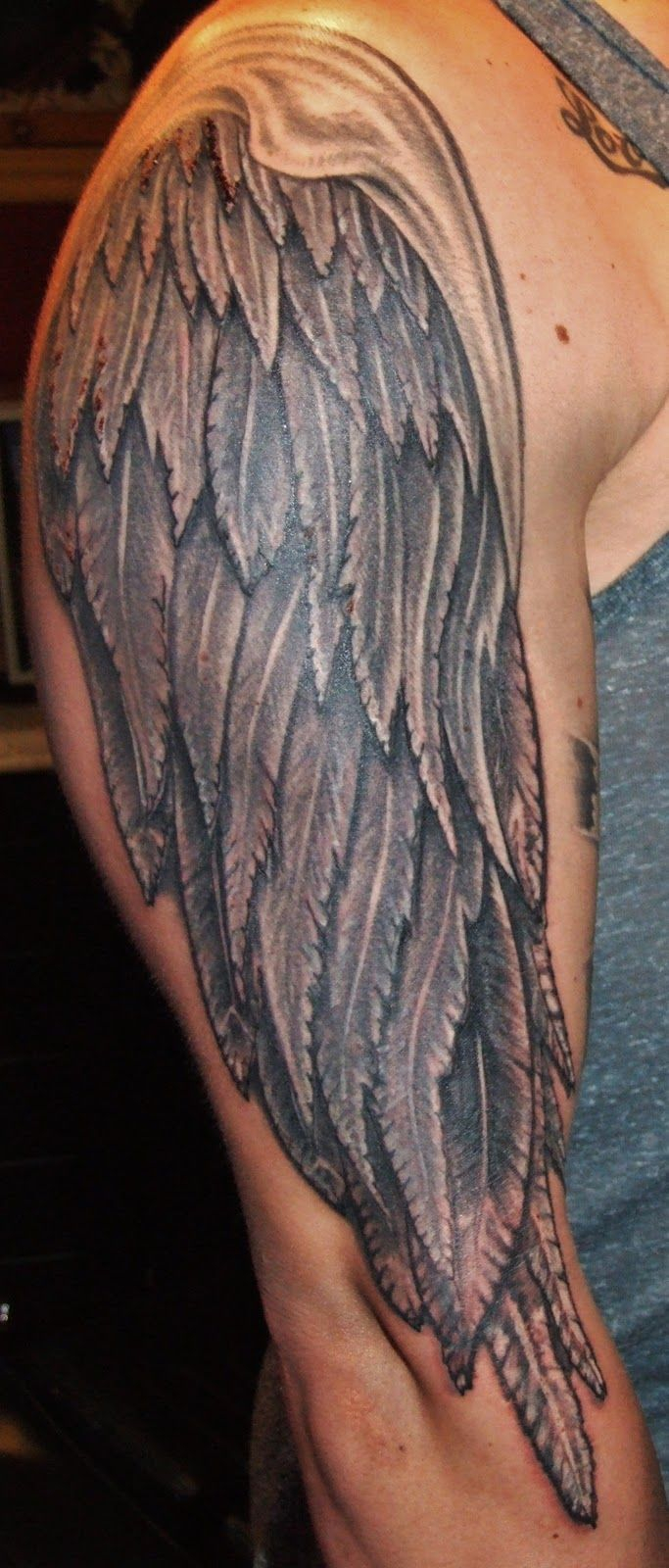 Tattoos Of Wings Full Arm Tattoo Grey Ink Angel Wings Tattoo On in dimensions 683 X 1600