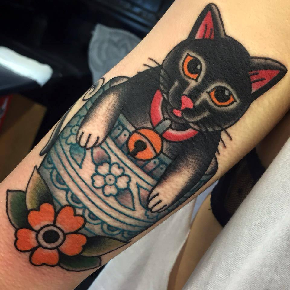 Traditional Black Cat Tattoo On Arm with measurements 960 X 960