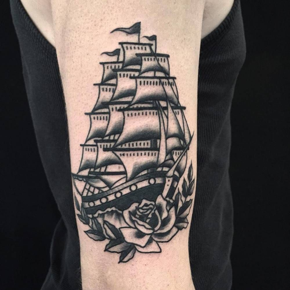 Traditional Full Rigged Ship Tattoo On The Right Upper Arm Tattoo with regard to measurements 1000 X 1000