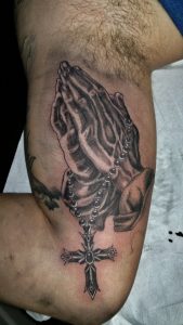 Traditional Grey Ink Praying Hands With Bonny Small Cross On Inner throughout size 800 X 1423