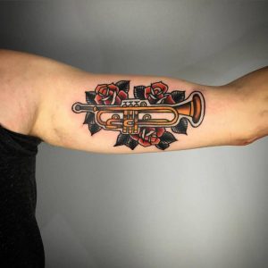 Traditional Style Trumpet Tattoo On The Left Inner Arm Tatoo for dimensions 1000 X 1000