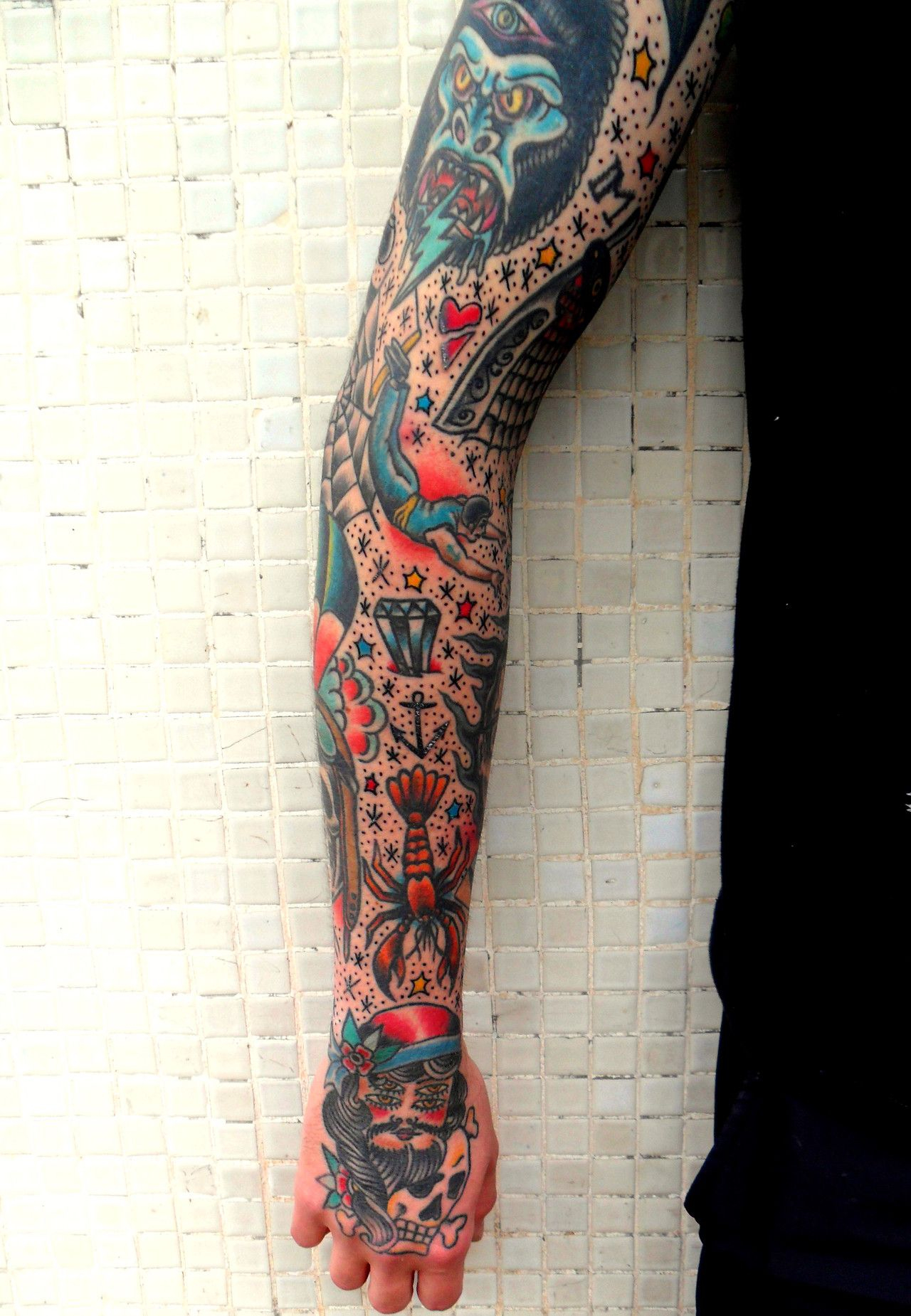 Traditional Tattoo Sleeve Tie It All Together Later With Stars for dimensions 1280 X 1850