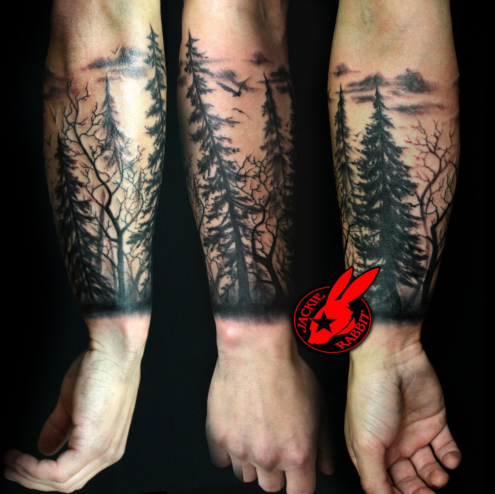 Tree Silhouette Forest Pine Arm Sleeve Tattoo Jackie Rabbit pertaining to proportions 1600 X 1596