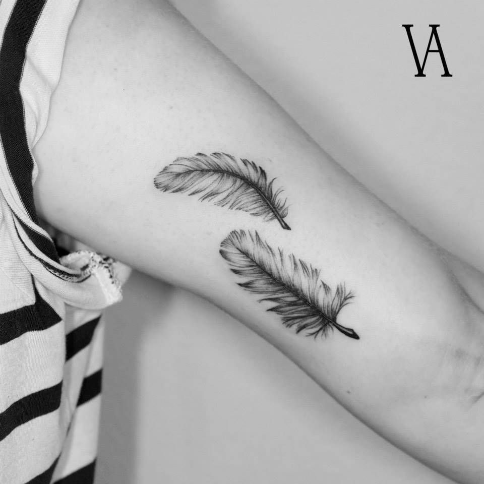 Two Feathers On The Left Inner Arm Tattoo Artist Violeta Ars regarding measurements 960 X 960