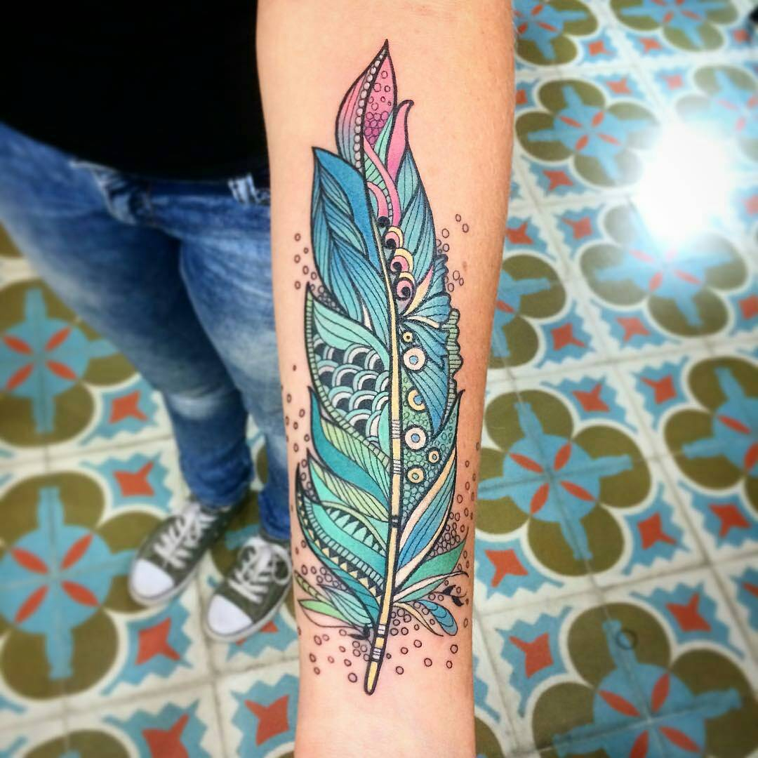 Unique Colorful Feather Tattoo On Forearm for proportions 1080 X 1080