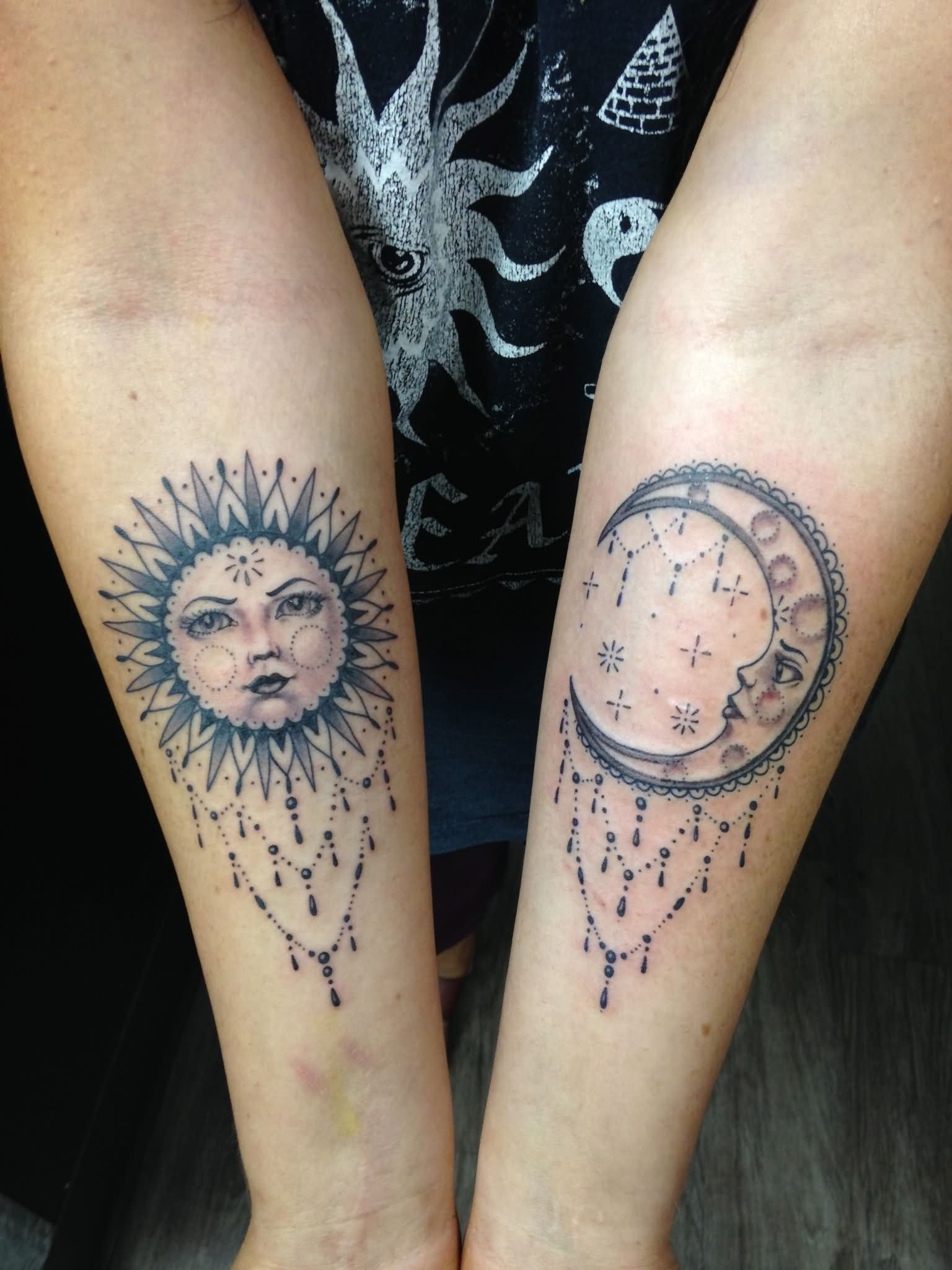 Unique Dotwork Sun And Half Moon Tattoo On Both Forearm in size 1536 X 2048