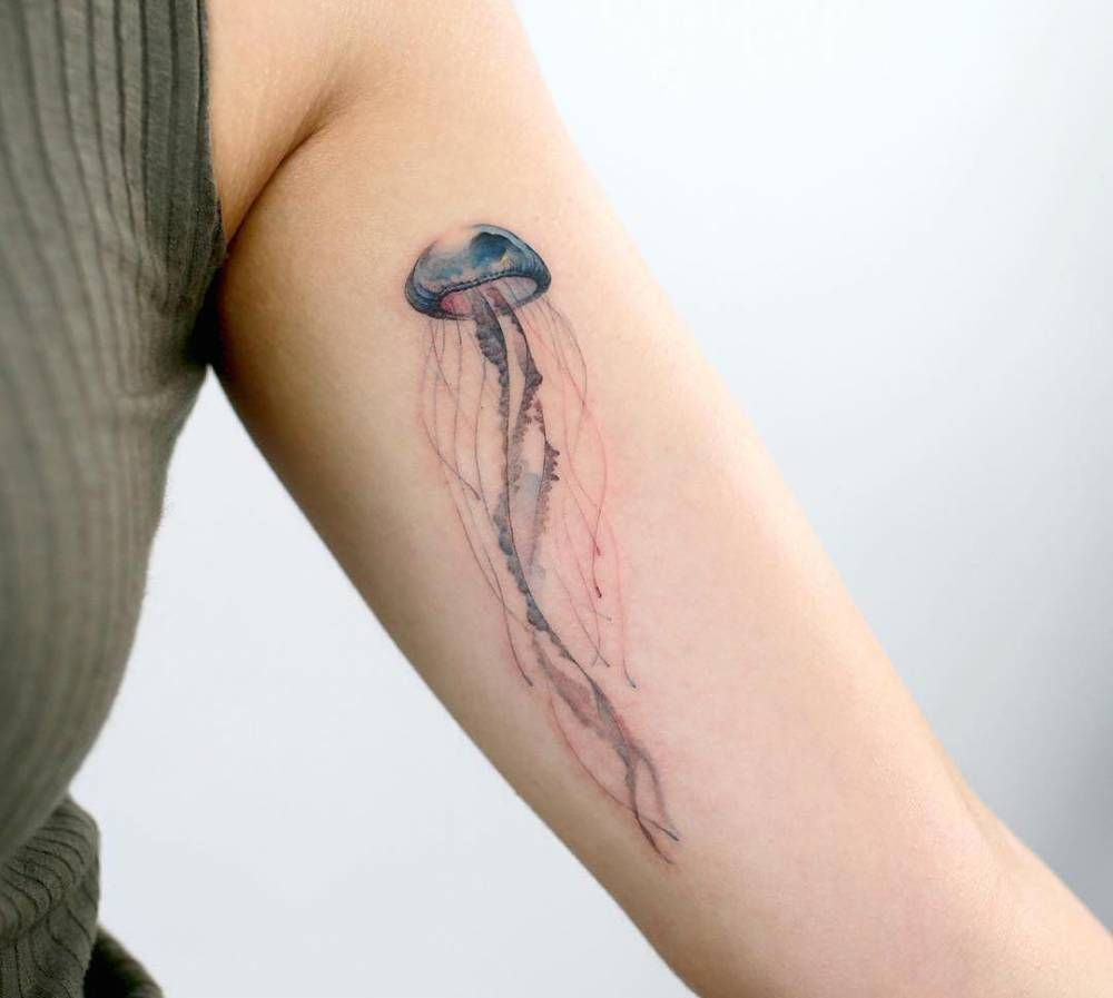 Watercolor Jellyfish Tattoo On The Left Inner Arm Tattoo Artist pertaining to size 1000 X 897