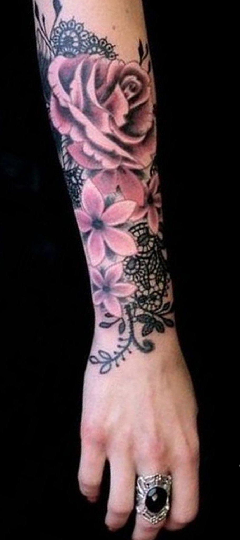 Watercolor Wild Flower Forearm Tattoo Ideas For Women Black Lace inside proportions 909 X 2047