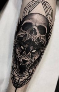 Wolf And Skull Tattoo On Forearm pertaining to sizing 907 X 1421