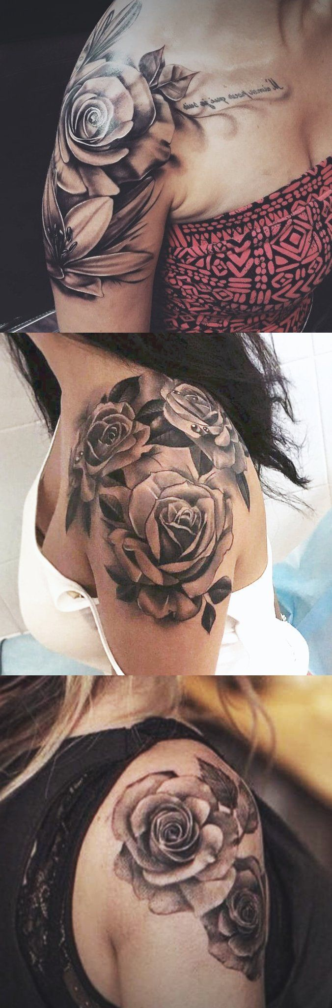 Womens Rose Shoulder Tattoo Ideas In Black And White Realistic Left regarding sizing 676 X 2048