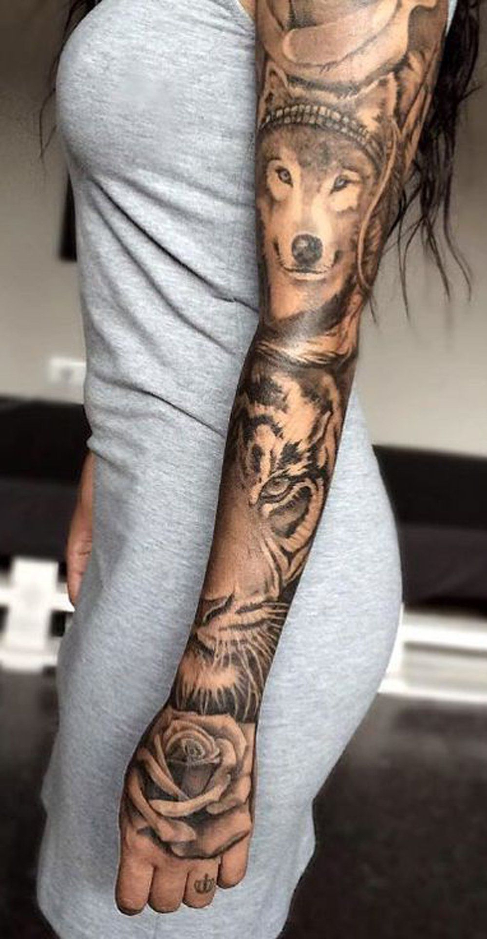 Womens Wolf Tiger Full Arm Sleeve Tattoo Ideas Floral Flower Hand for size 1000 X 1927