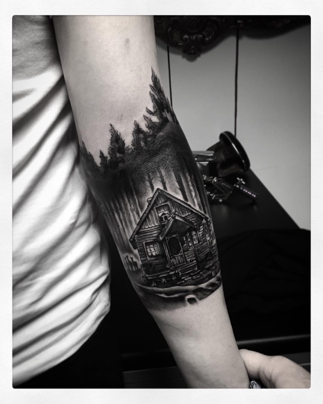 Wooden Nice House In Forest Area Black Ink Tattoo On Lower Arm for measurements 1080 X 1350