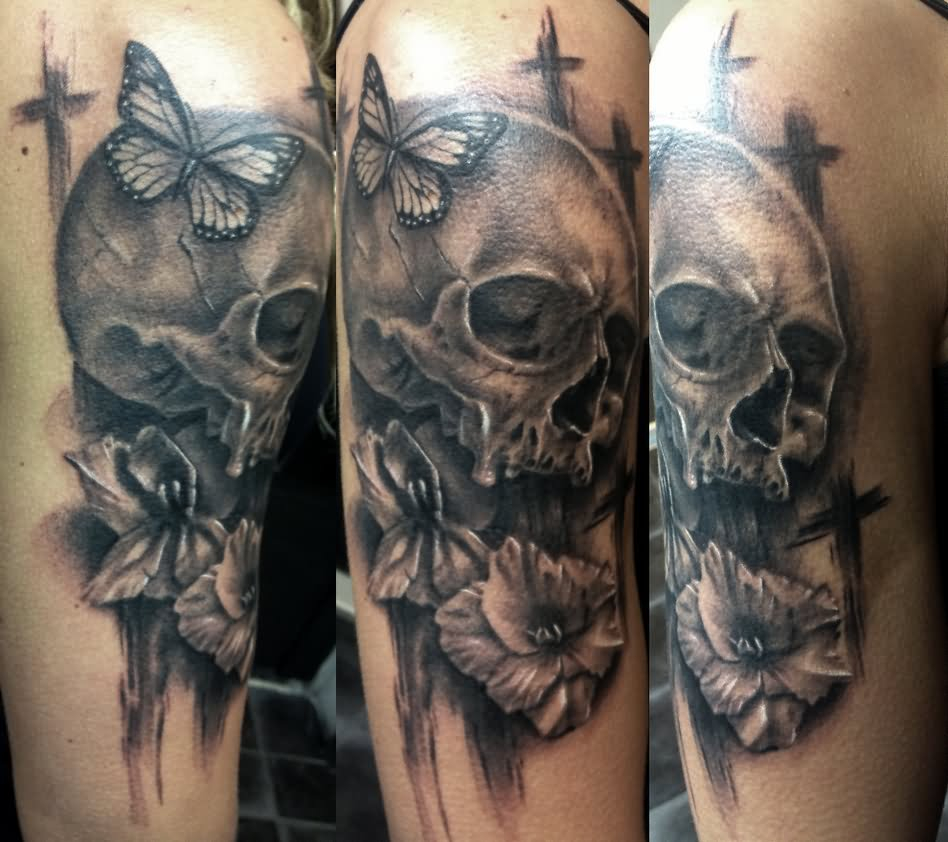 3d Death Skull With Butterfly And Flower Tattoo Design For Half in dimensions 948 X 842