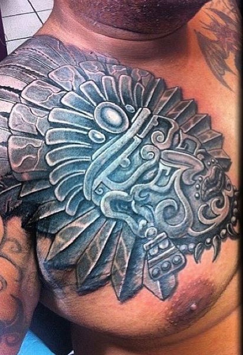 3d Realistic Stone Mask Of Aztec Deity Tattoo On Chest For Men with regard to proportions 800 X 1167