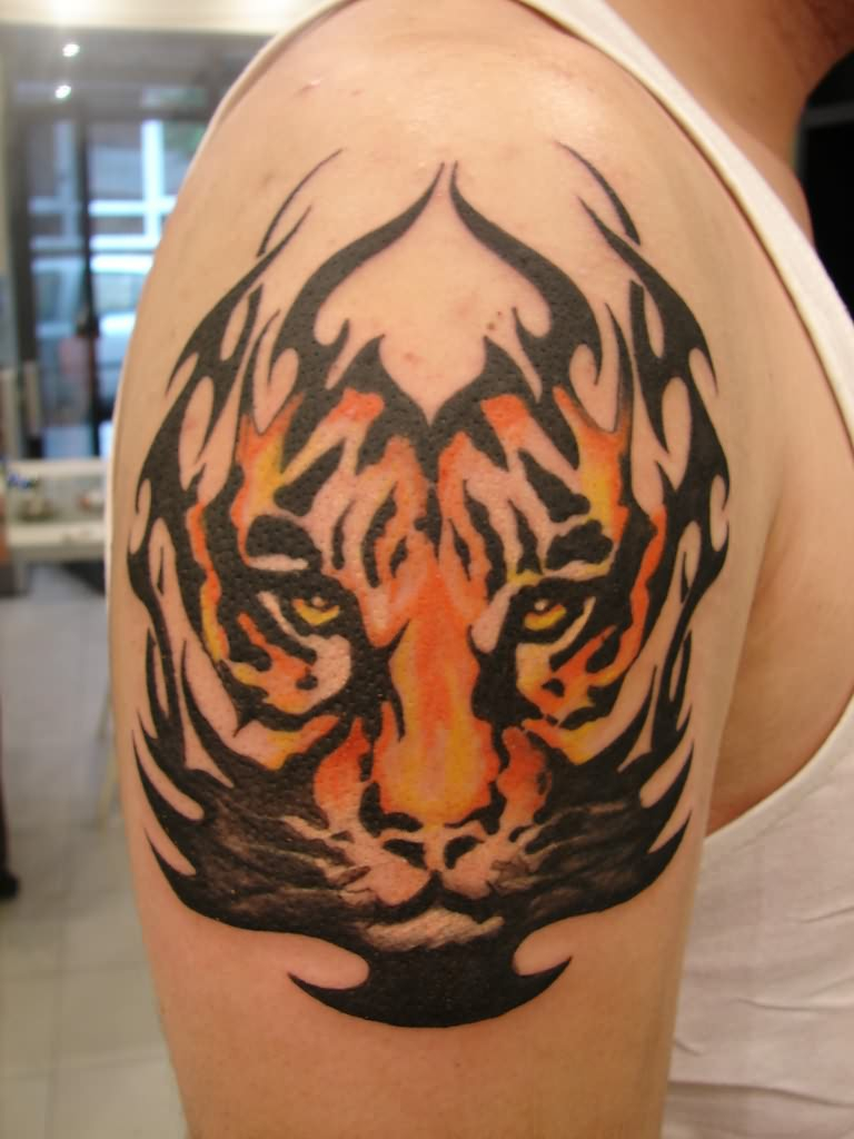 3d Tribal Tiger Face Tattoo On Biceps with dimensions 768 X 1024