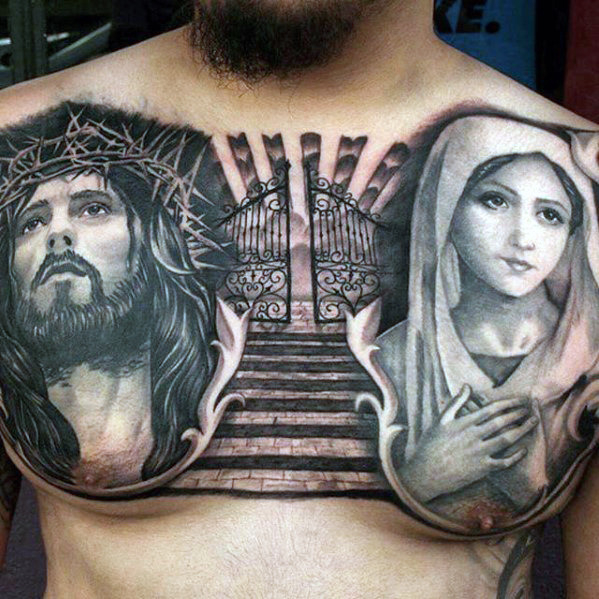 40 Jesus Chest Tattoo Designs For Men Chris Ink Ideas throughout measurements 599 X 599