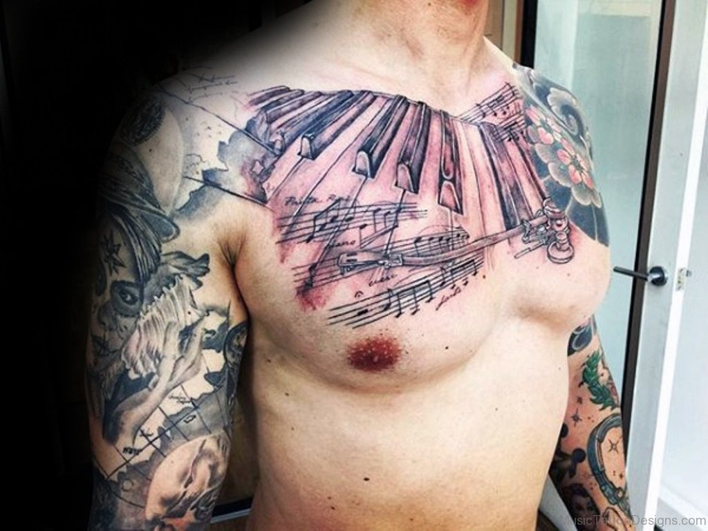 51 Amazing Music Tattoos On Chest intended for dimensions 1024 X 768