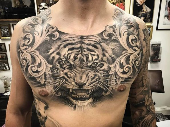 52 Shockingly Epic Tiger Tattoos Tattoos On Men Lion Chest pertaining to proportions 595 X 443