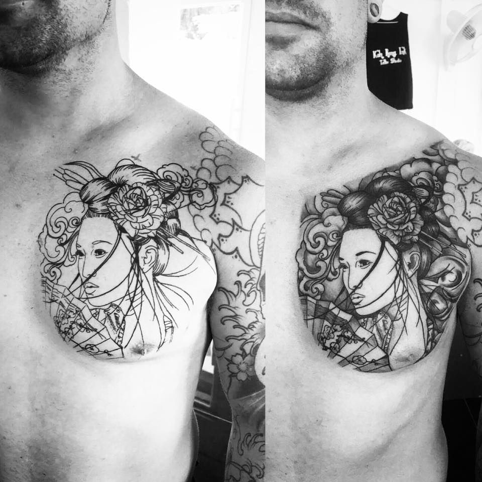 A Portrait Of A Geisha Holding A Fan On The Chest Tattoo Done At Koh with size 960 X 960