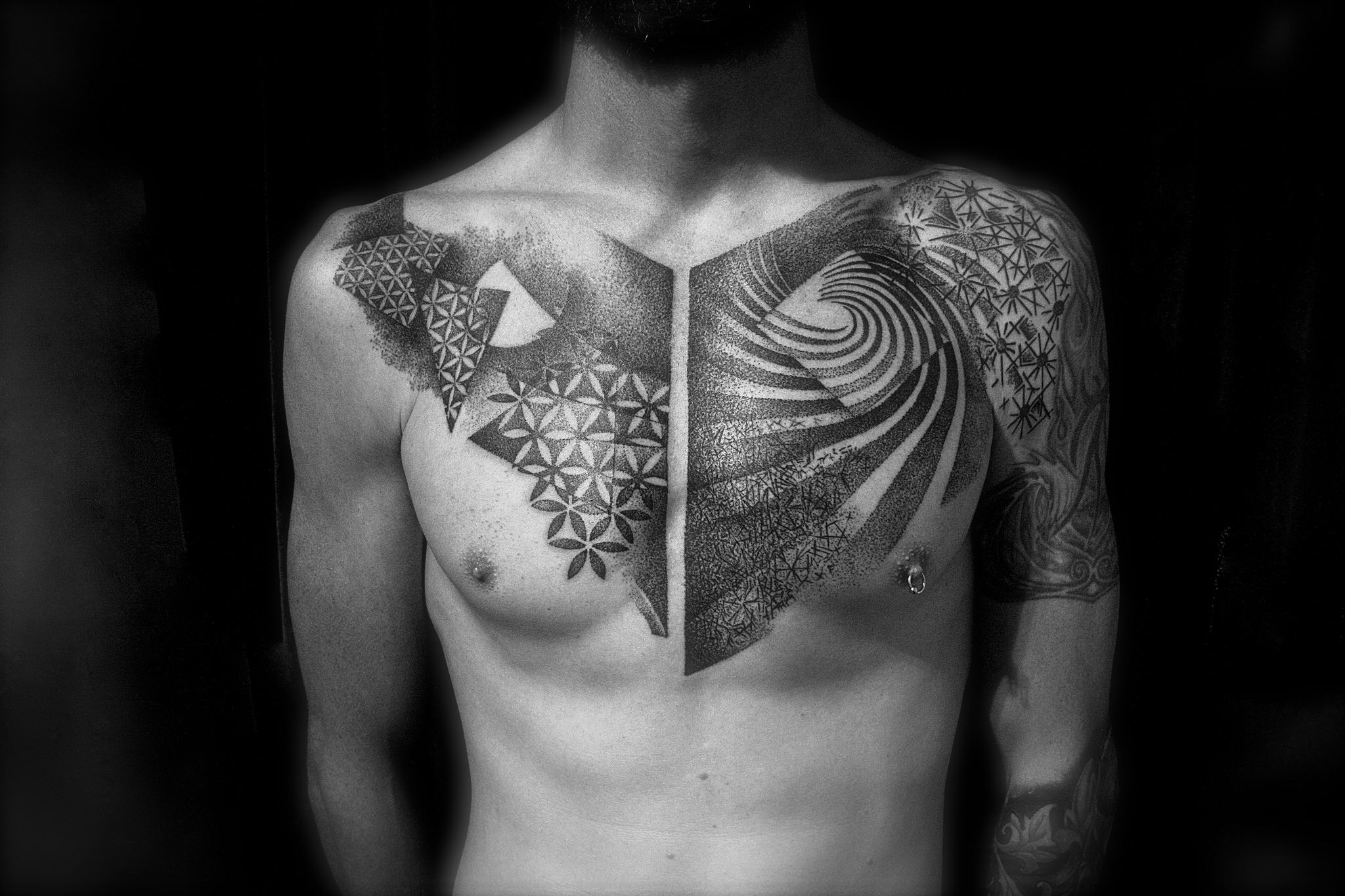 Abstract Black And White Dotwork Geometric Chest Tattoo On regarding dimensions 2048 X 1365