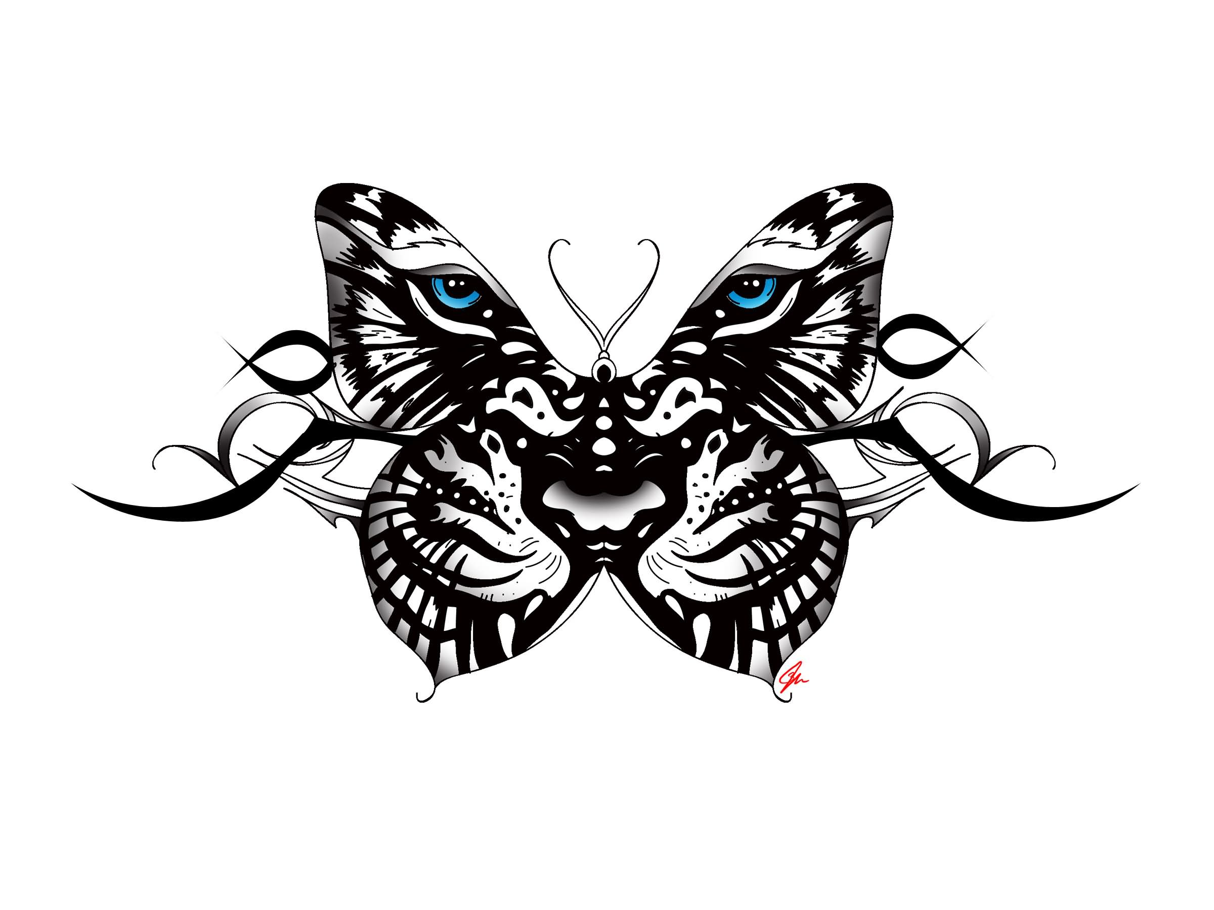 Amazing Black White Tiger Butterfly Tattoo Design in size 2400 X 1800