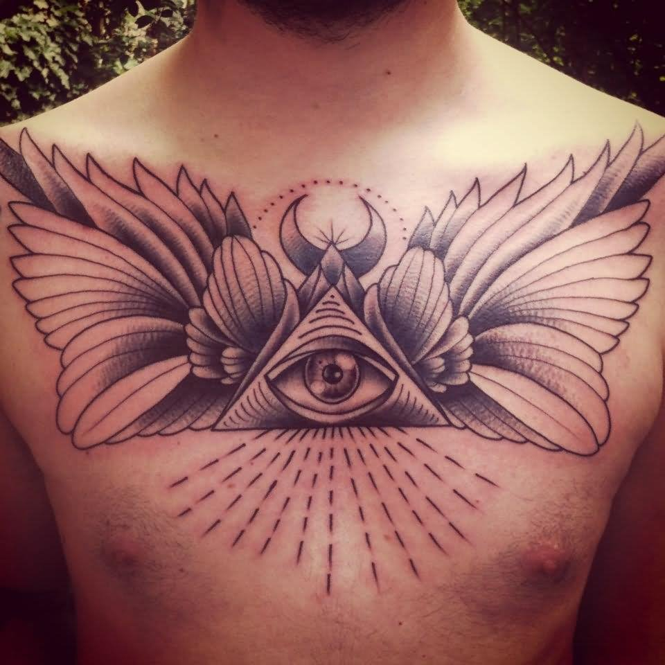 Amazing Grey Ink Illuminati Eye Tattoo On Chest For Men regarding proportions 960 X 960