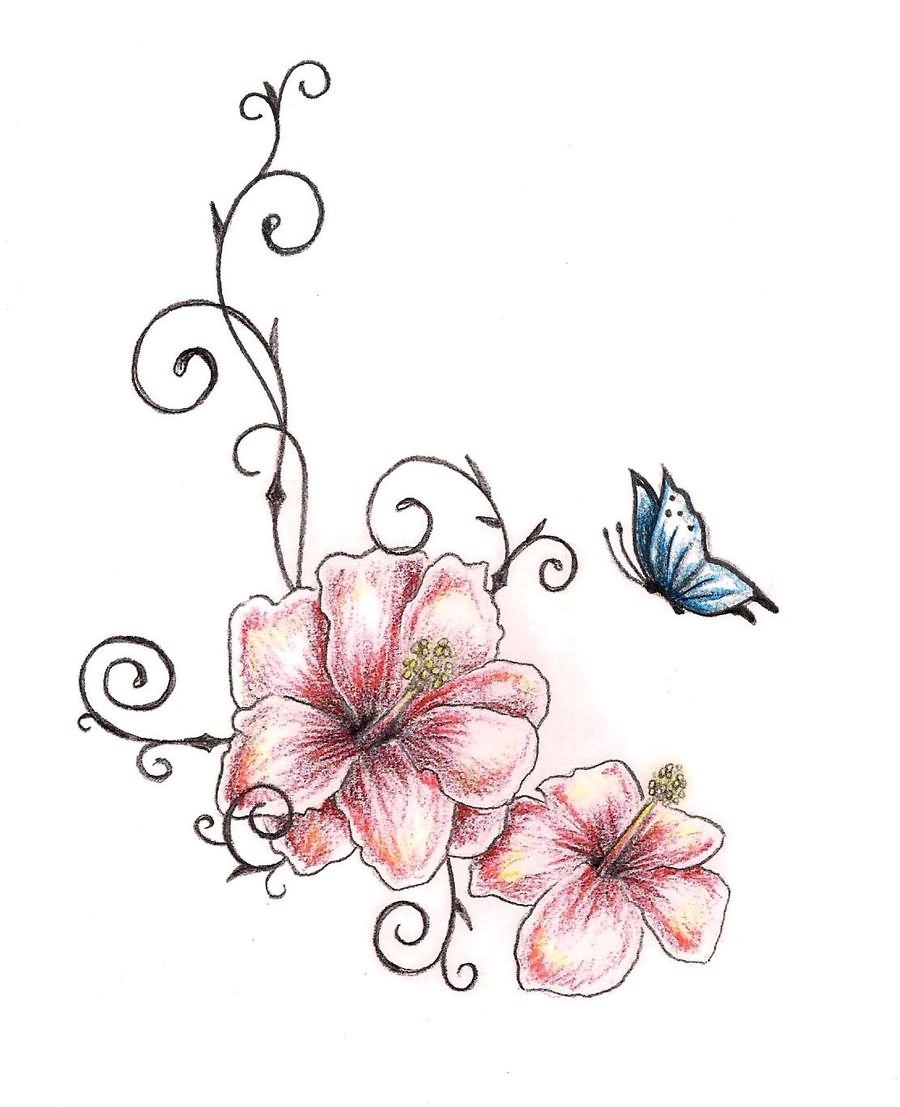 Amazing Two Hibiscus Flower With Butterfly Tattoo Design Tashitam regarding sizing 900 X 1107
