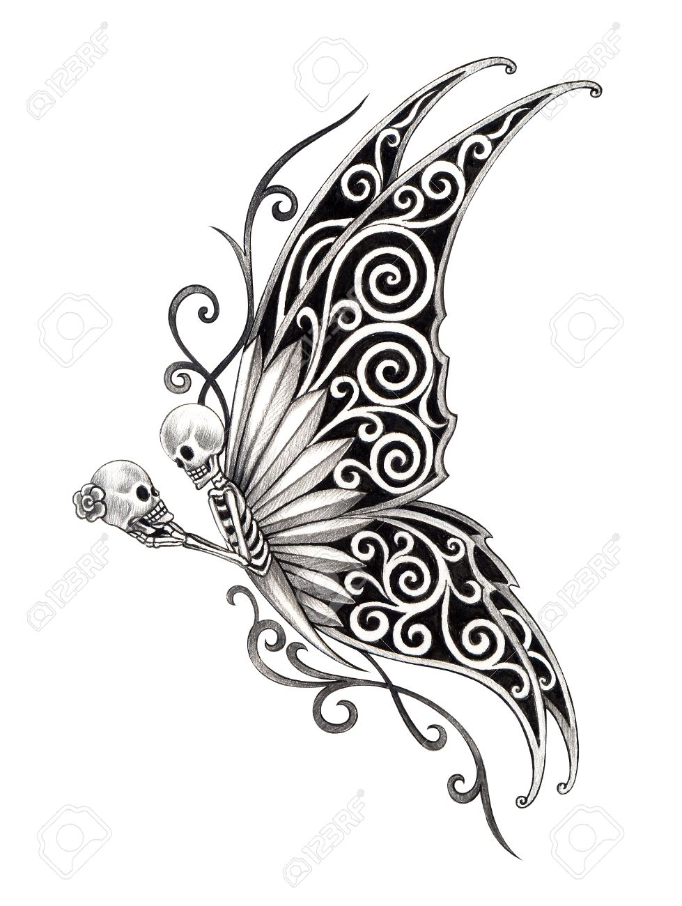 Art Skull Butterfly Tattoo Hand Drawing On Paper Stock Photo with regard to dimensions 979 X 1300