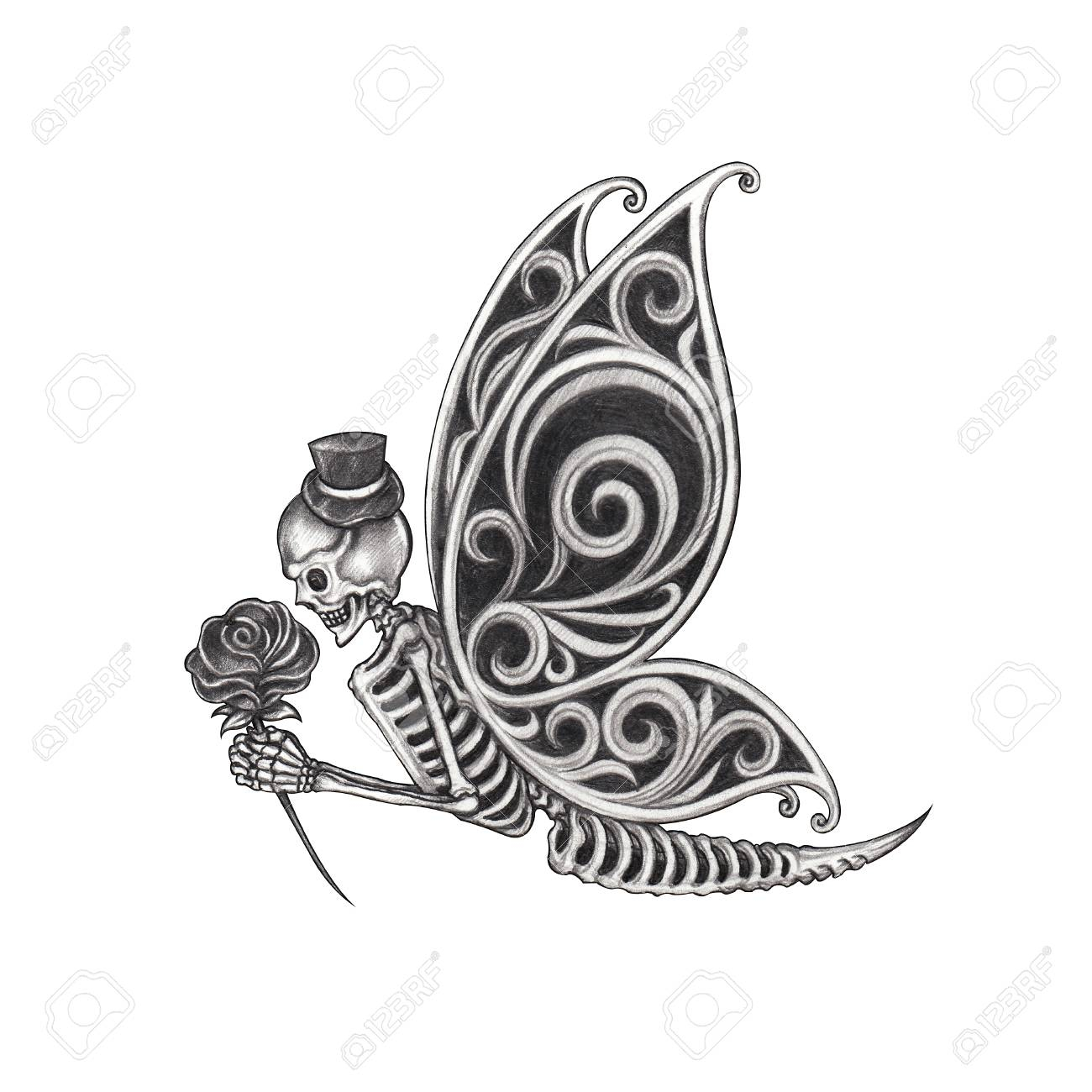 Art Surreal Butterfly Skull Tattoohand Drawing On Paper Stock for dimensions 1300 X 1300