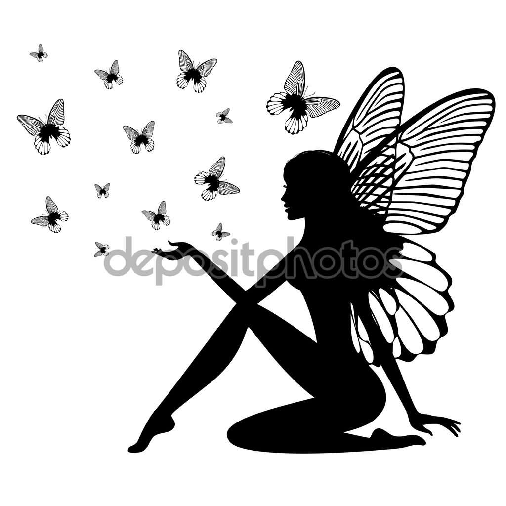 Attractive Black Fairy With Flying Butterflies Tattoo Design throughout measurements 1024 X 1024