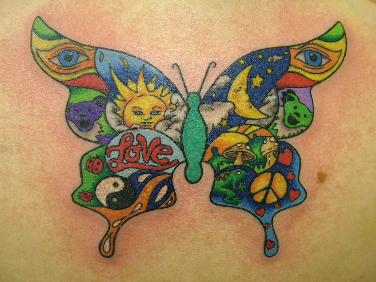 Awesome Colored Sun Moon Yin Yang And Animals In Butterfly Tattoo inside sizing 1280 X 960