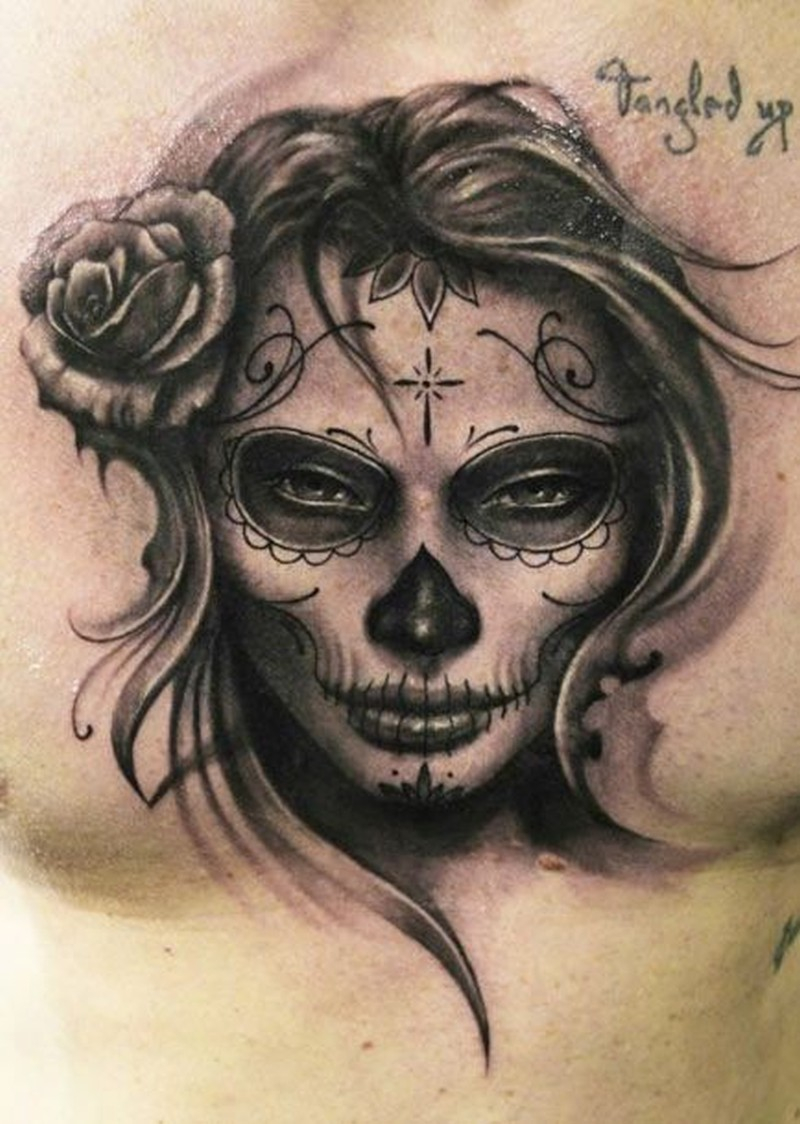 Awesome Grey Ink Day Of The Dead Tattoo On Chest Tattoos Book for size 800 X 1124