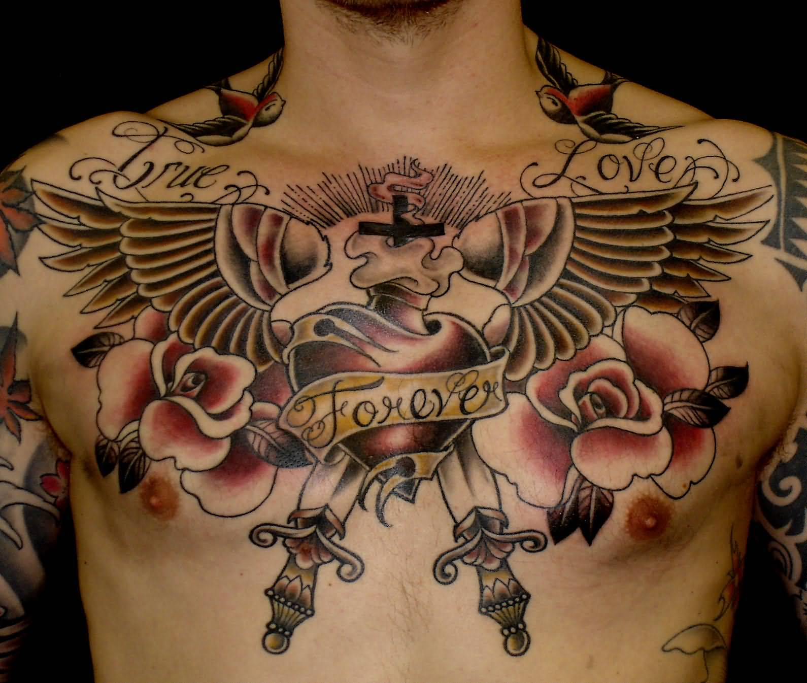 Awesome Memorial Old School Tattoo On Chest for proportions 1590 X 1346