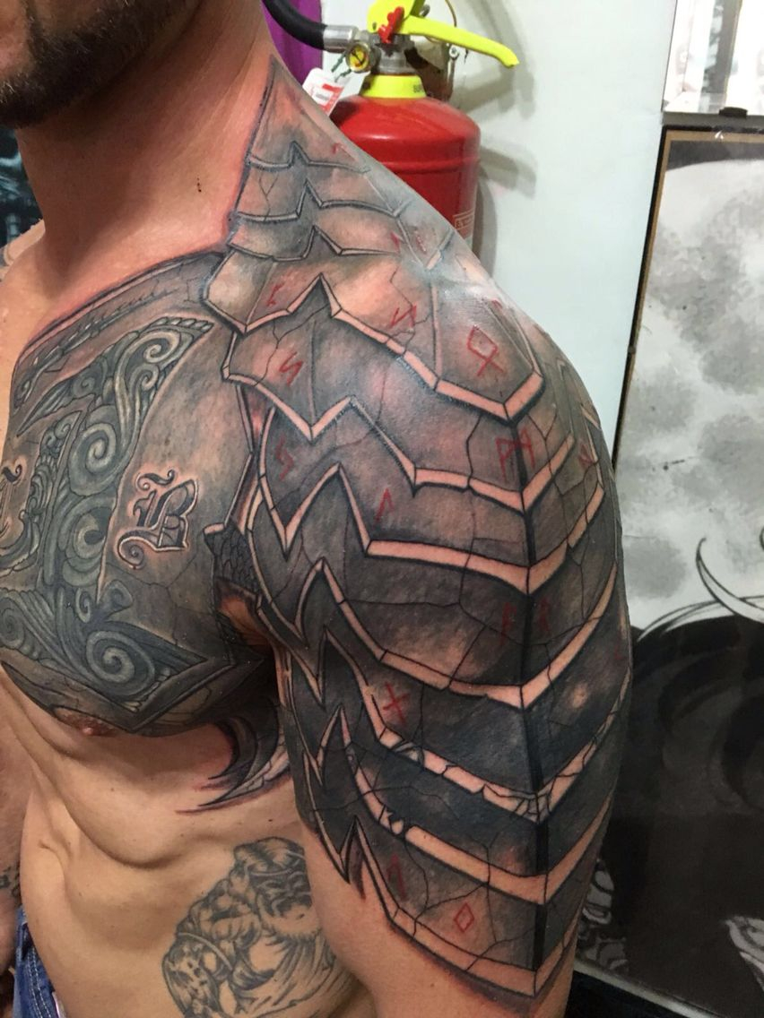 Awesome Shoulder And Chest Tattoo Tattoos Armor Tattoo Shoulder pertaining to dimensions 852 X 1136