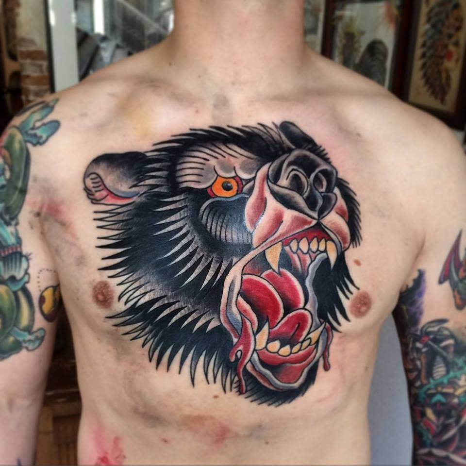 Bear Tattoo Chestpiece Traditional Tattoo American Traditional with regard to proportions 960 X 960