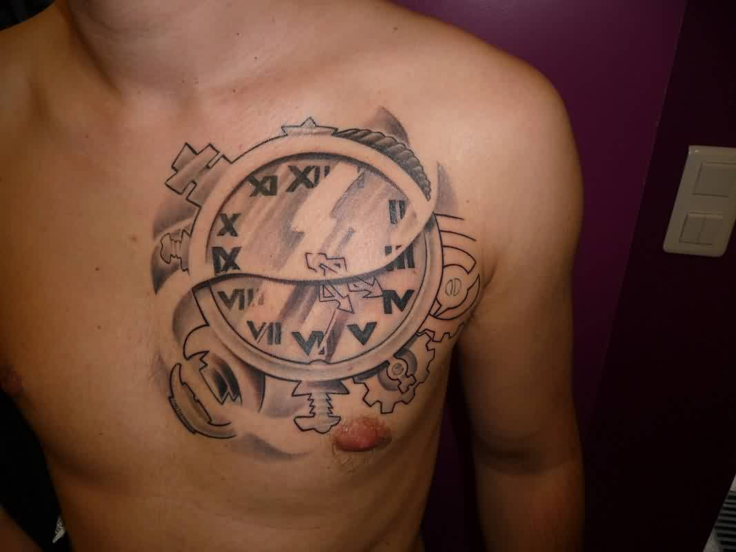 Beautiful Roman Numerals Clock Tattoo On Left Side Of Chest For Men in size 1067 X 800