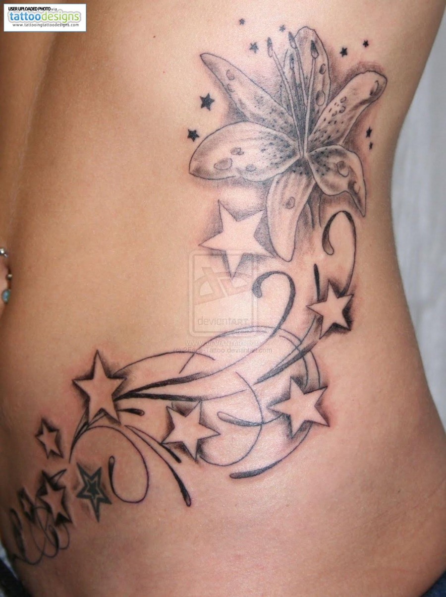 Beautiful Stars And Swirly Flowers Tattoo Design For Women Rib To throughout dimensions 900 X 1204