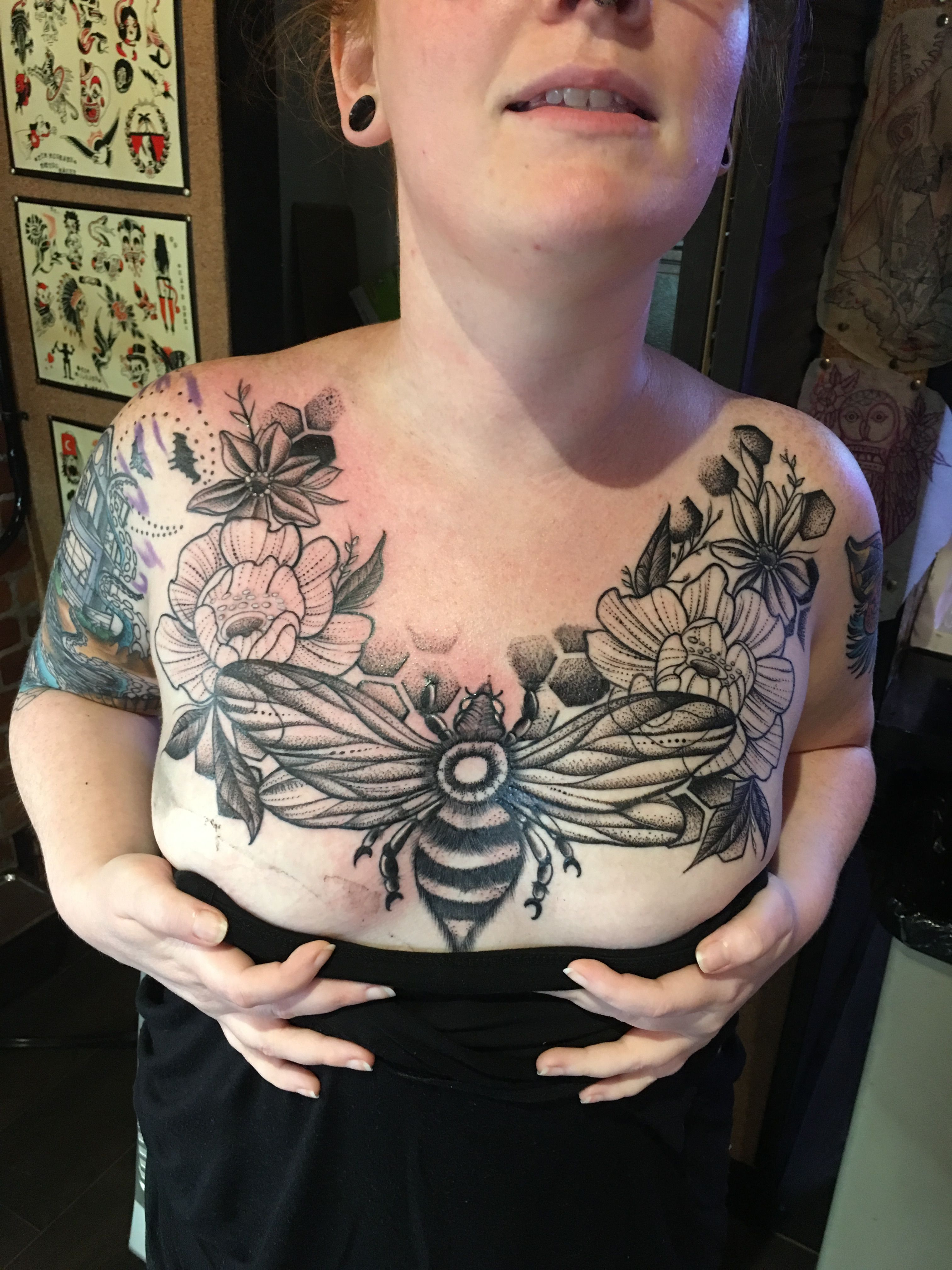 Bee Botanical Chest Tattoo Dot Work Tattoo Botanical Tattoo Girls for proportions 3024 X 4032